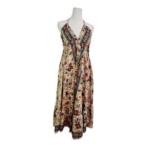 Halter Midi Dress Womens Floral Boho Backless V Neck 70% Art Silk 30% Polyester